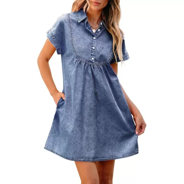 luvamia Denim Dress for Women Summer Short Sleeve Button Down Collared Pleated Western Jean Dresses with Pockets RelaxedReef Blue