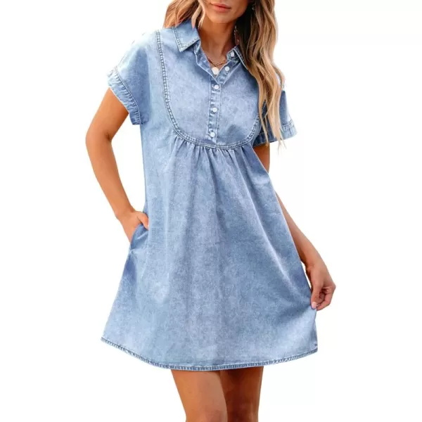 luvamia Denim Dress for Women Summer Short Sleeve Button Down Collared Pleated Western Jean Dresses with Pockets RelaxedRoadknight Blue
