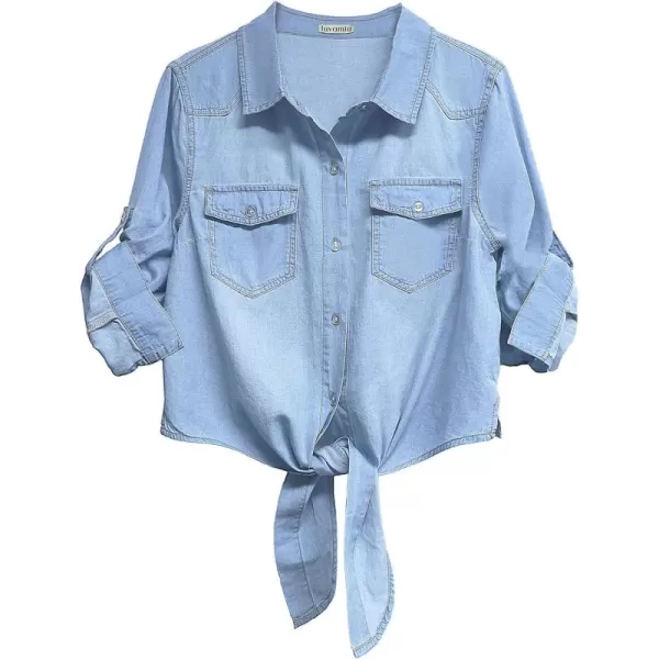 luvamia Denim Tops for Women Trendy Button Down Denim Shirt Tie Front Blouse 34 Sleeve Jean Chambray Crop Top CardiganCool Blue