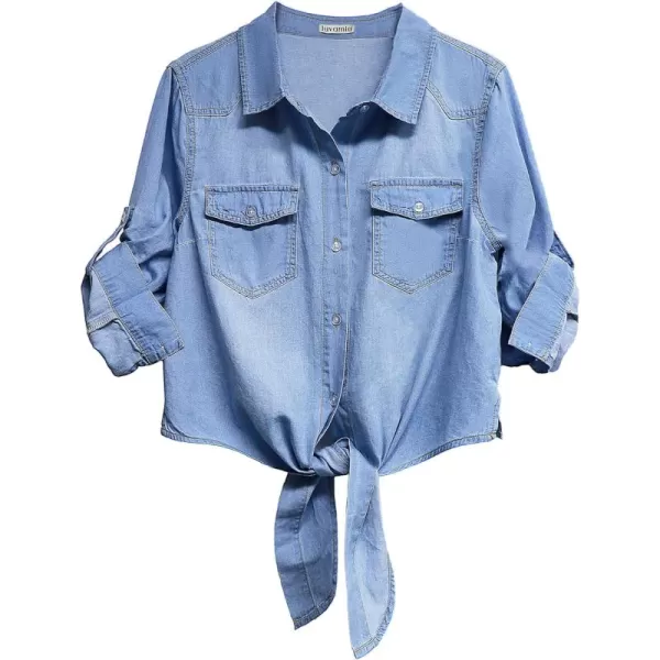 luvamia Denim Tops for Women Trendy Button Down Denim Shirt Tie Front Blouse 34 Sleeve Jean Chambray Crop Top CardiganHelium Blue