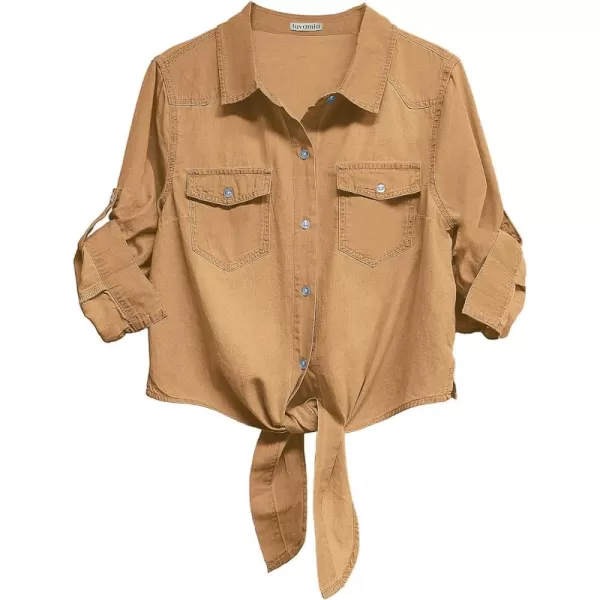 luvamia Denim Tops for Women Trendy Button Down Denim Shirt Tie Front Blouse 34 Sleeve Jean Chambray Crop Top CardiganTaffy Brown