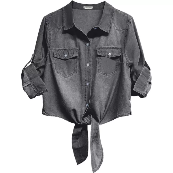 luvamia Denim Tops for Women Trendy Button Down Denim Shirt Tie Front Blouse 34 Sleeve Jean Chambray Crop Top CardiganVintage Black