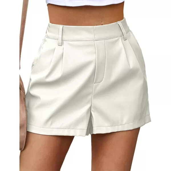 luvamia Faux Leather Shorts for Women High Waist Pleated Wide Leg Stretchy Shorts with Pockets Short PU Leather PantsAntique White