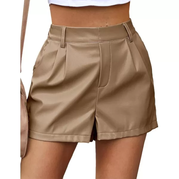 luvamia Faux Leather Shorts for Women High Waist Pleated Wide Leg Stretchy Shorts with Pockets Short PU Leather PantsToasted Almond