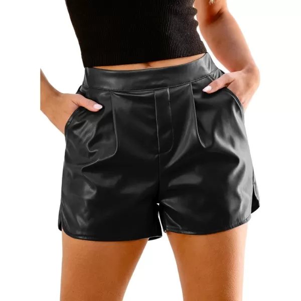 luvamia Faux Leather Shorts for Women High Wasited Pull On Pleated Side Slit Pleather Shorts with Elastic Waist PocketsBlack