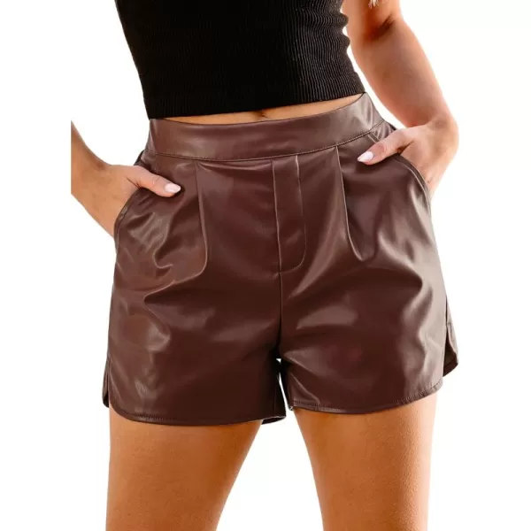 luvamia Faux Leather Shorts for Women High Wasited Pull On Pleated Side Slit Pleather Shorts with Elastic Waist PocketsChocolate Brown