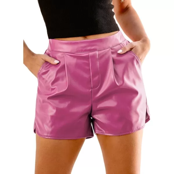 luvamia Faux Leather Shorts for Women High Wasited Pull On Pleated Side Slit Pleather Shorts with Elastic Waist PocketsHot Pink