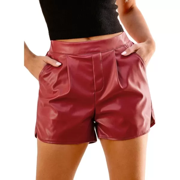 luvamia Faux Leather Shorts for Women High Wasited Pull On Pleated Side Slit Pleather Shorts with Elastic Waist PocketsRed