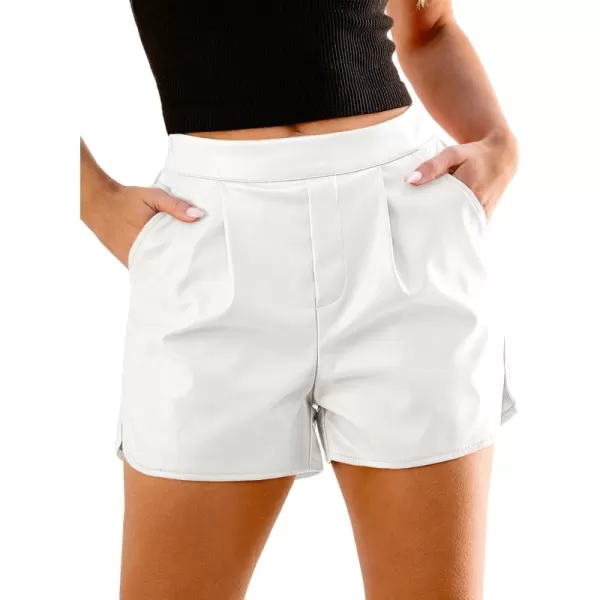 luvamia Faux Leather Shorts for Women High Wasited Pull On Pleated Side Slit Pleather Shorts with Elastic Waist PocketsWhite