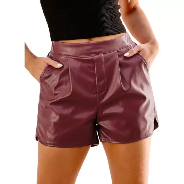 luvamia Faux Leather Shorts for Women High Wasited Pull On Pleated Side Slit Pleather Shorts with Elastic Waist PocketsWine Red