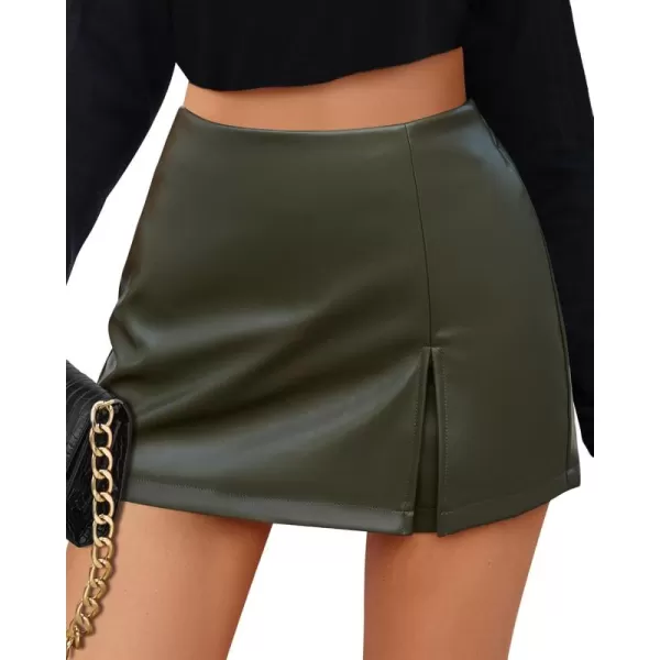 luvamia Faux Leather Skort for Women High Waisted Pull On Vegan Leather Shorts Pleather Skorts Skirts with Slit CuteDusty Olive