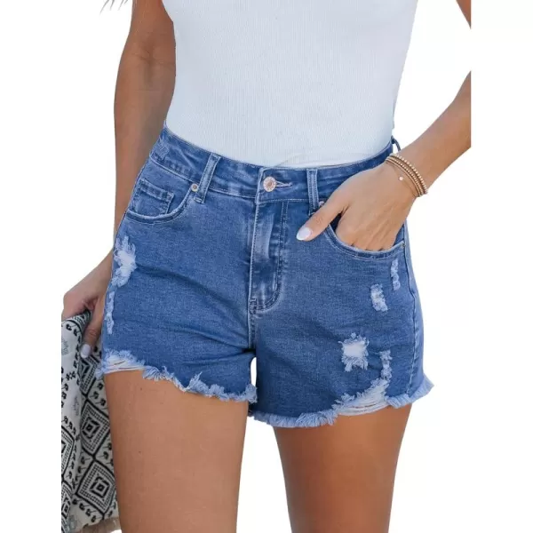 luvamia Jean Shorts for Women High Waisted Stretchy Distressed Denim Shorts Ripped Frayed Raw Hem Summer Casual ShortsClassic Blue