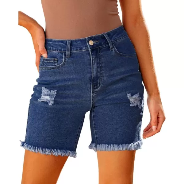 luvamia Jean Shorts for Women High Waisted Trendy Casual Distressed Stretchy Denim Long Shorts Ripped Raw Hem ShortsClassic Blue