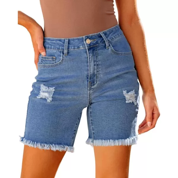 luvamia Jean Shorts for Women High Waisted Trendy Casual Distressed Stretchy Denim Long Shorts Ripped Raw Hem ShortsSky Blue