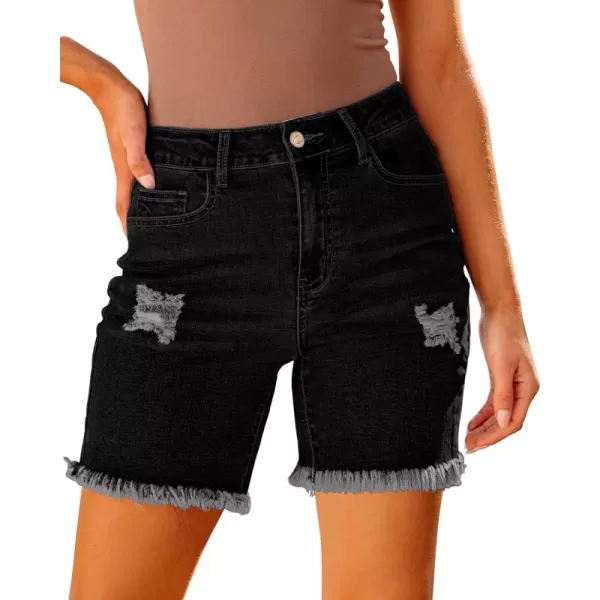 luvamia Jean Shorts for Women High Waisted Trendy Casual Distressed Stretchy Denim Long Shorts Ripped Raw Hem ShortsWashed Black