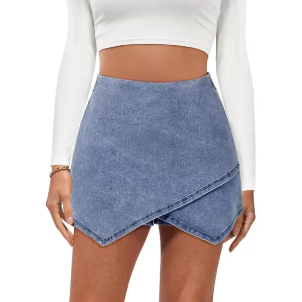 luvamia Jean Skorts for Woman High Waisted Pull On Stretchy Denim Wrap Skirt with Shorts Trendy Asymmetrical SkortModern Blue
