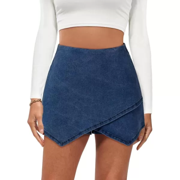 luvamia Jean Skorts for Woman High Waisted Pull On Stretchy Denim Wrap Skirt with Shorts Trendy Asymmetrical SkortNavy Blue