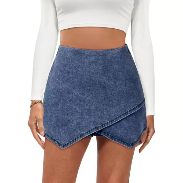luvamia Jean Skorts for Woman High Waisted Pull On Stretchy Denim Wrap Skirt with Shorts Trendy Asymmetrical SkortWategos Blue