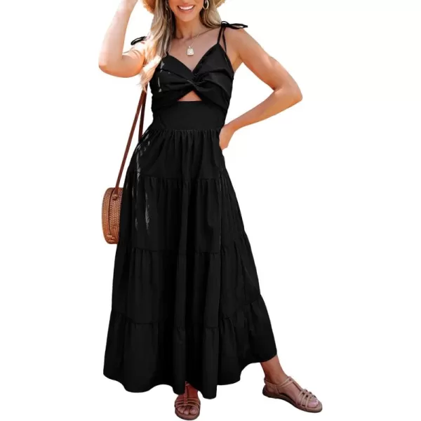luvamia Long Flowy Dresses for Women Tiered Cut Out Midi Dress Self Tied Spaghetti Strap Summer Vacation Dinner OutfitBlack