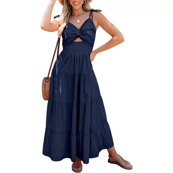 luvamia Long Flowy Dresses for Women Tiered Cut Out Midi Dress Self Tied Spaghetti Strap Summer Vacation Dinner OutfitNavy Blue