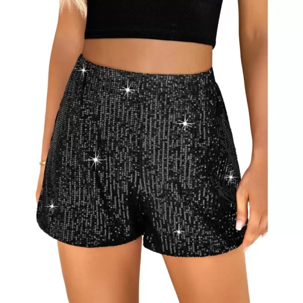 luvamia Sequin Shorts for Women Trendy High Waisted Stretchy Pull On Glitter Sparkly Shorts Holiday Party OutfitsBlack