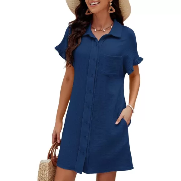 luvamia Womens Beach Cover Up Dress Cotton Button Down Shirt Dresses Casual Ruffle Sleeves Summer Dresses with PocketsNavy Blue