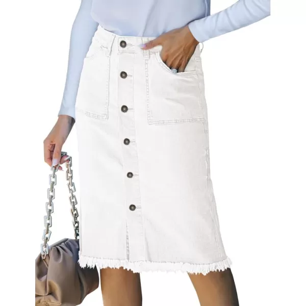 luvamia Womens Casual Mid Rise Button Down Frayed Raw Hem Denim Jean Midi SkirtCream White