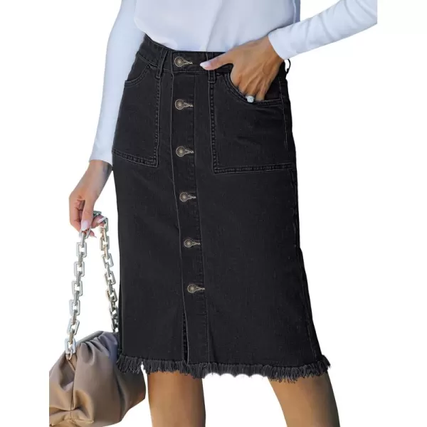 luvamia Womens Casual Mid Rise Button Down Frayed Raw Hem Denim Jean Midi SkirtS Soft Black