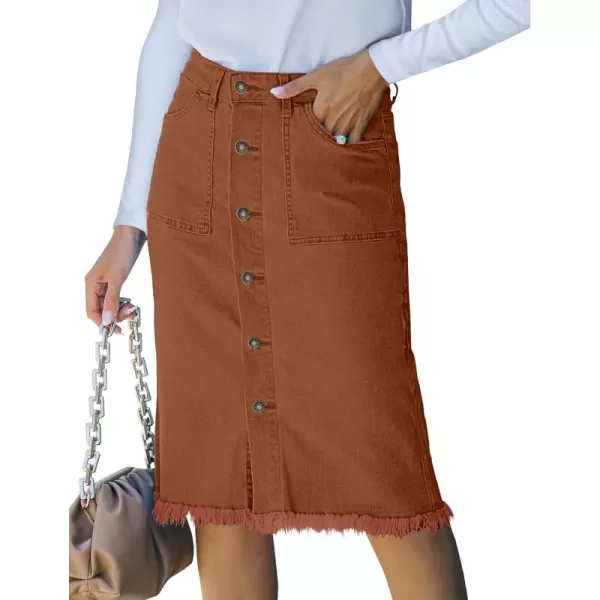 luvamia Womens Casual Mid Rise Button Down Frayed Raw Hem Denim Jean Midi SkirtUmber Brown