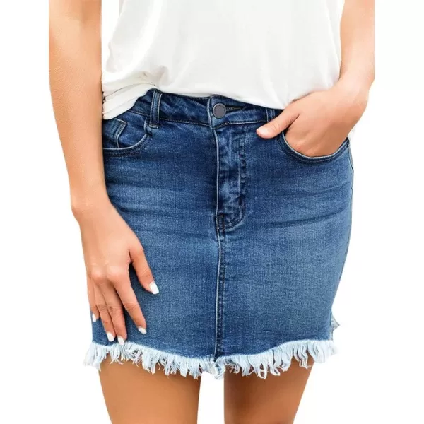 luvamia Womens Casual Mid Waisted Washed Frayed Pockets Denim Jean Short SkirtA Nightfall Blue