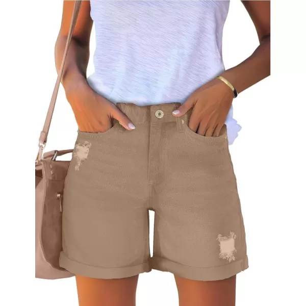 luvamia Womens Casual Ripped Denim Shorts High Rise Distressed Rolled Hem Jeans ShortsA Khaki