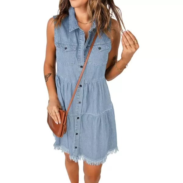luvamia Womens Casual Summer Lapel Sleeveless Button Down Short Denim Jean DressA Azure Glow