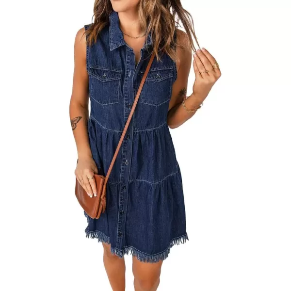 luvamia Womens Casual Summer Lapel Sleeveless Button Down Short Denim Jean DressA Brilliant Blue