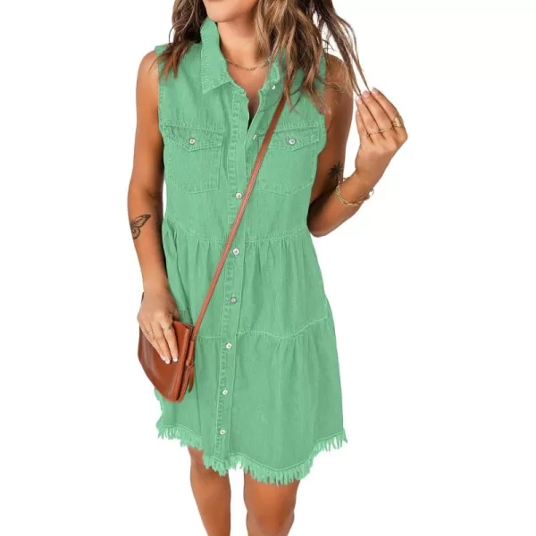 luvamia Womens Casual Summer Lapel Sleeveless Button Down Short Denim Jean DressA Green Ash