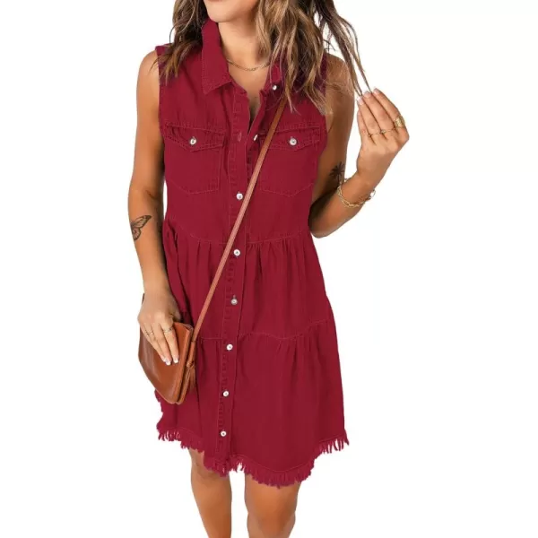 luvamia Womens Casual Summer Lapel Sleeveless Button Down Short Denim Jean DressDark Red