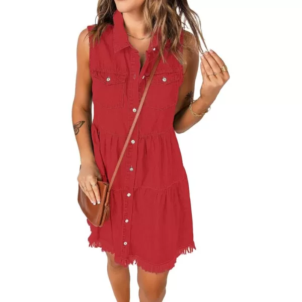 luvamia Womens Casual Summer Lapel Sleeveless Button Down Short Denim Jean DressRed