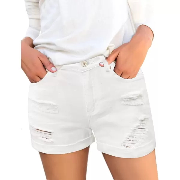 luvamia Womens Ripped High Waisted Denim Shorts Stretchy Cuffed Hem Jean ShortsA Soft Clean White