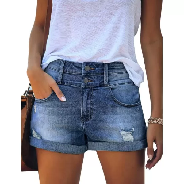 luvamia Womens Ripped High Waisted Denim Shorts Stretchy Cuffed Hem Jean ShortsA4 Blue Plunge