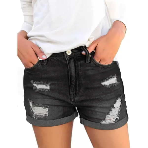 luvamia Womens Ripped High Waisted Denim Shorts Stretchy Cuffed Hem Jean ShortsB Iconic Black