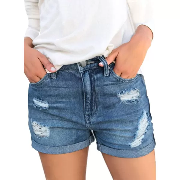 luvamia Womens Ripped High Waisted Denim Shorts Stretchy Cuffed Hem Jean ShortsC Bay Blue Rip