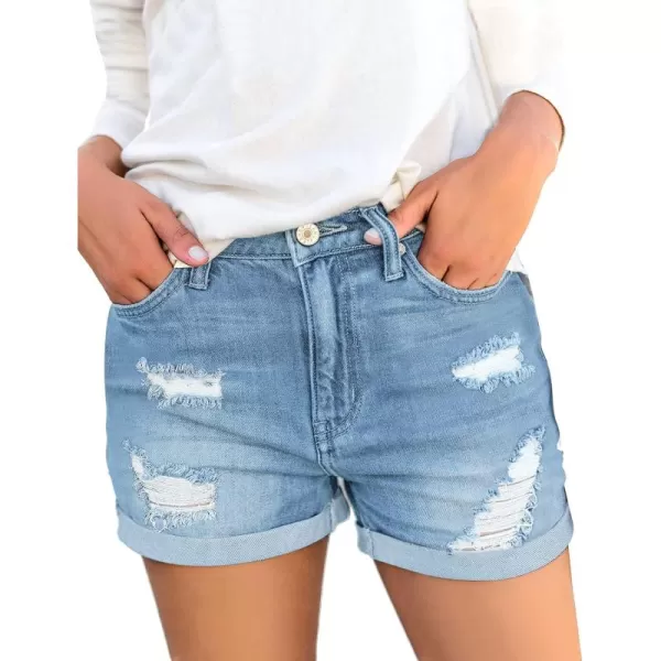 luvamia Womens Ripped High Waisted Denim Shorts Stretchy Cuffed Hem Jean ShortsE Powder Blue