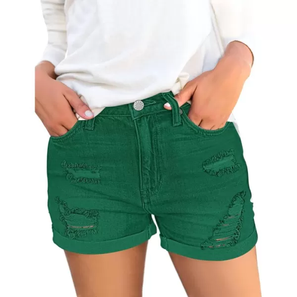 luvamia Womens Ripped High Waisted Denim Shorts Stretchy Cuffed Hem Jean ShortsG Verdant Green