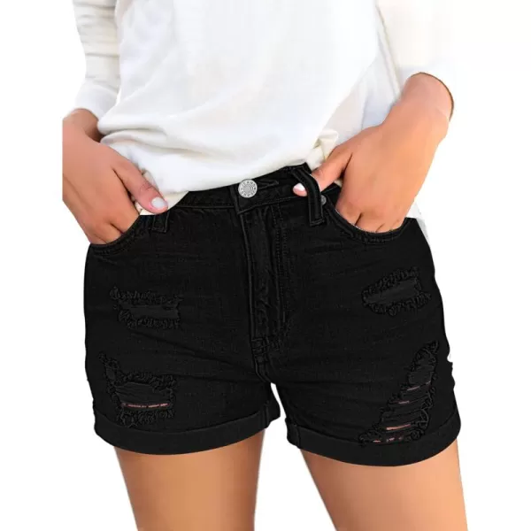luvamia Womens Ripped High Waisted Denim Shorts Stretchy Cuffed Hem Jean ShortsG Warm Onyx Black
