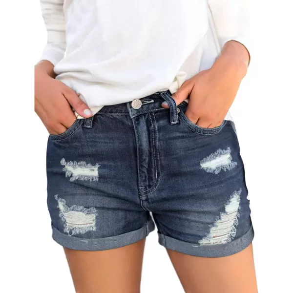 luvamia Womens Ripped High Waisted Denim Shorts Stretchy Cuffed Hem Jean ShortsL Darkness Blue