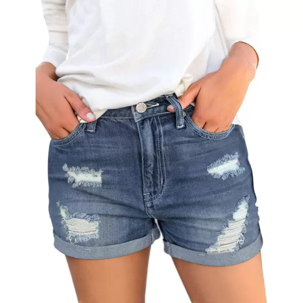 luvamia Womens Ripped High Waisted Denim Shorts Stretchy Cuffed Hem Jean ShortsL Monaco Blue