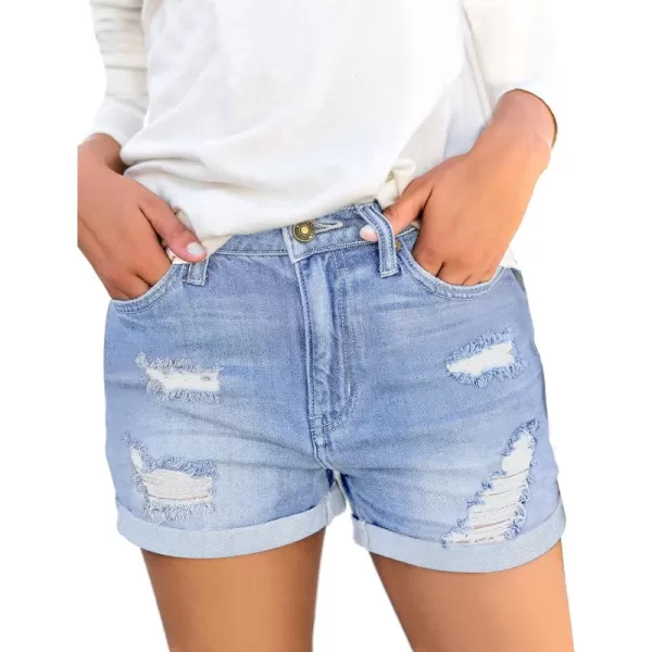 luvamia Womens Ripped High Waisted Denim Shorts Stretchy Cuffed Hem Jean ShortsLennox Blue