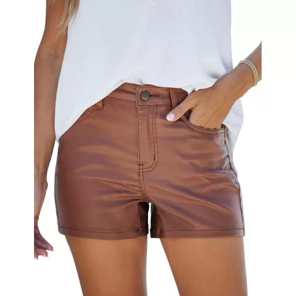 luvamia Womens Shorts Trendy High Waisted Faux Leather Look Stretchy Jean Shorts Short Denim Pants with Pockets ComfyBrown