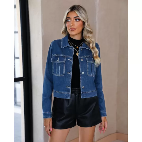 luvamia 2023 Jean Jackets for Women Fashion Cropped Denim Trucker Jacket Stretchy Utility Shacket Jacket with PocketsClassic Blue