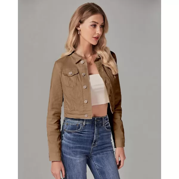 luvamia 2024 Cropped Jean Jackets for Women Fashion Short Denim Shacket Jacket Lightweight Fitted Stretchy with PocketsAlmond Brown