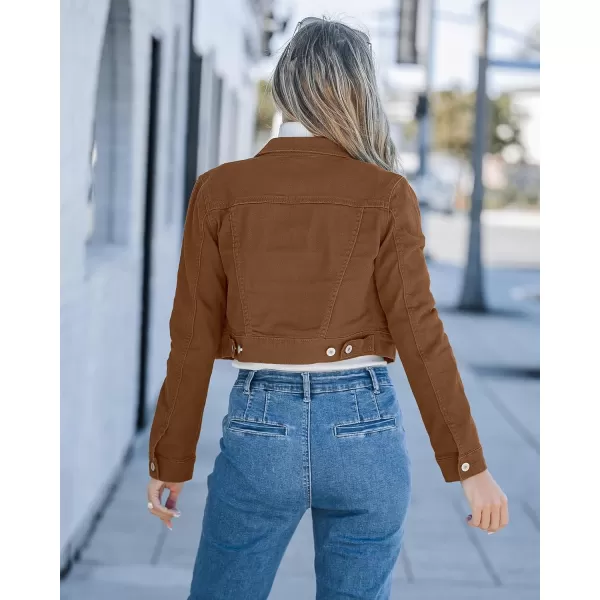 luvamia 2024 Cropped Jean Jackets for Women Fashion Short Denim Shacket Jacket Lightweight Fitted Stretchy with PocketsBrown